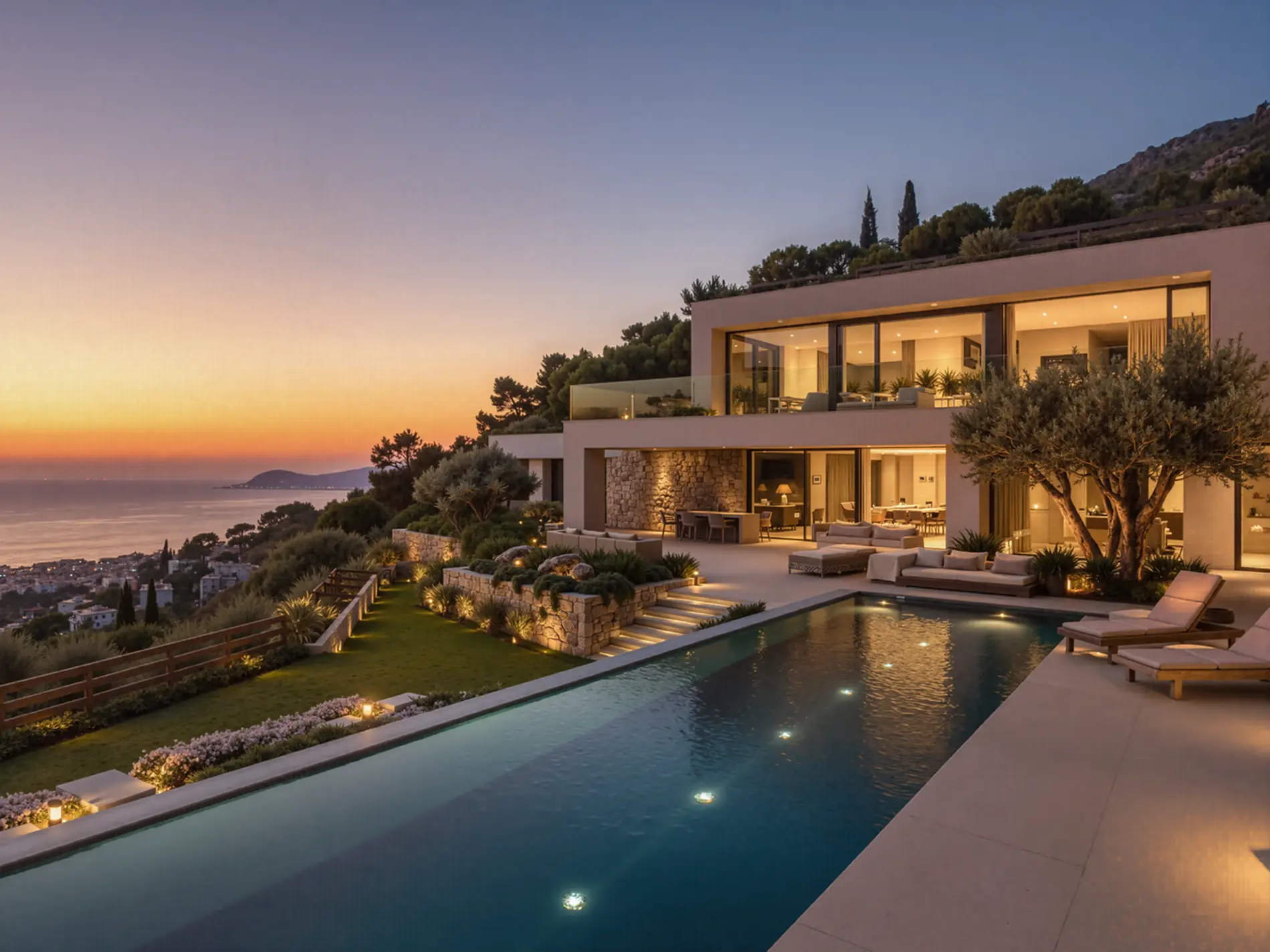 Villa contemporánea con piscina y vistas al mar al atardecer